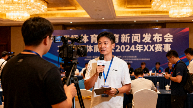 体育新闻发布现场记者进行赛事报道的场景